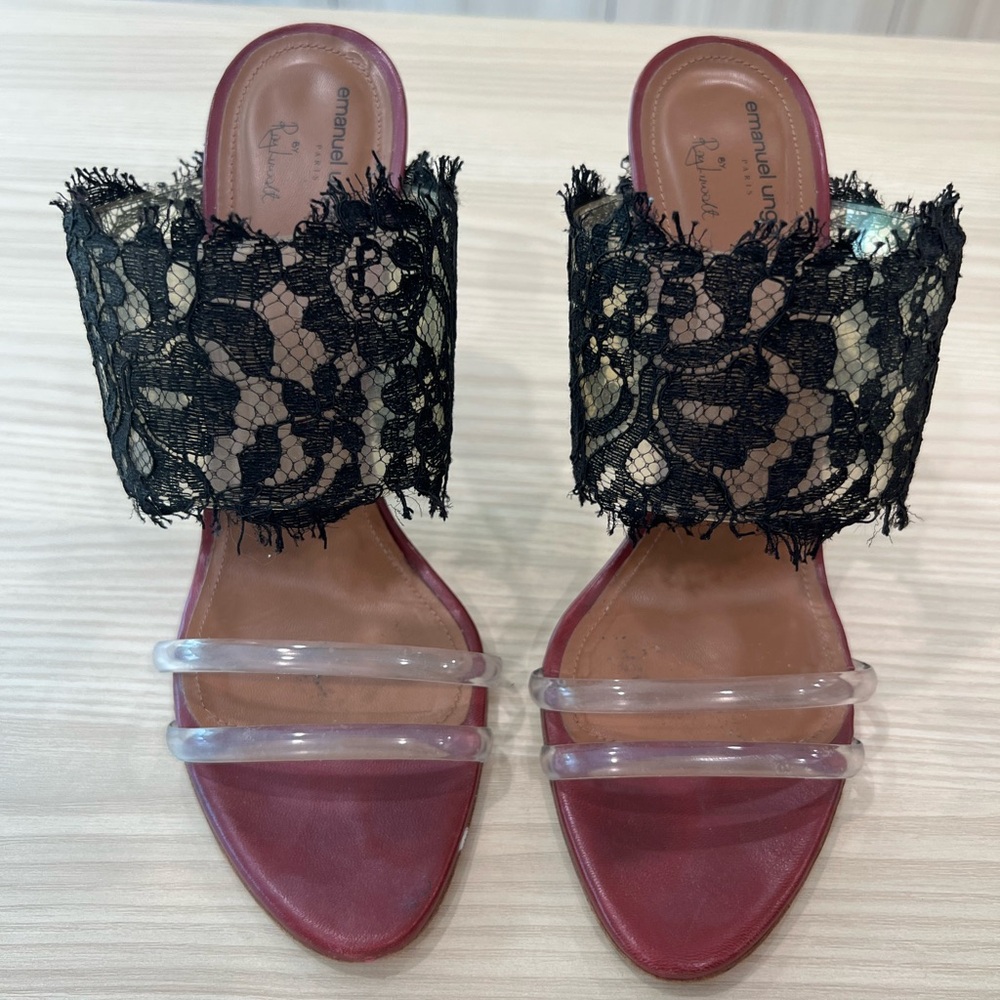 Malone Soulier Black Lace and Red Sandals with Clear Straps